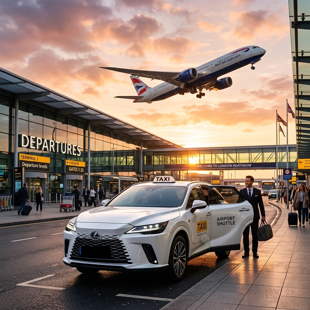 Sultan Taxi premium white SUV parked outside London airport terminal at sunset as commercial airplane departs